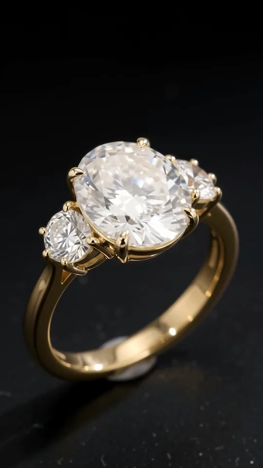 Three-stone gold ring, a macro to a hand
