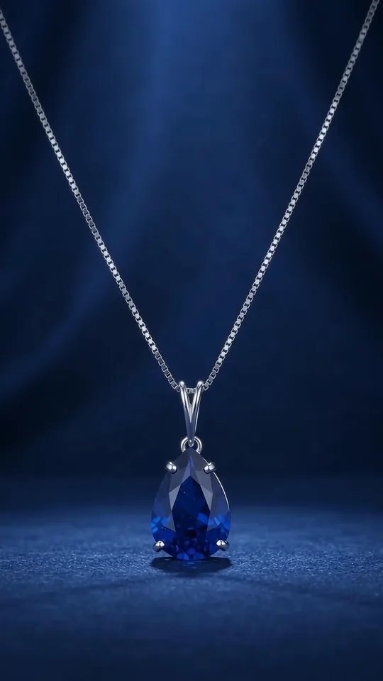 Blue pear-drop pendant on velvet