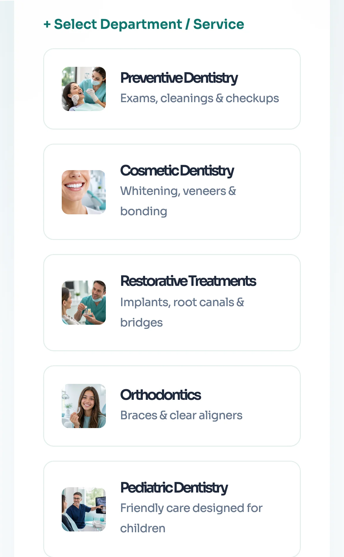 Lumora Dental on a phone: booking, select a department or service