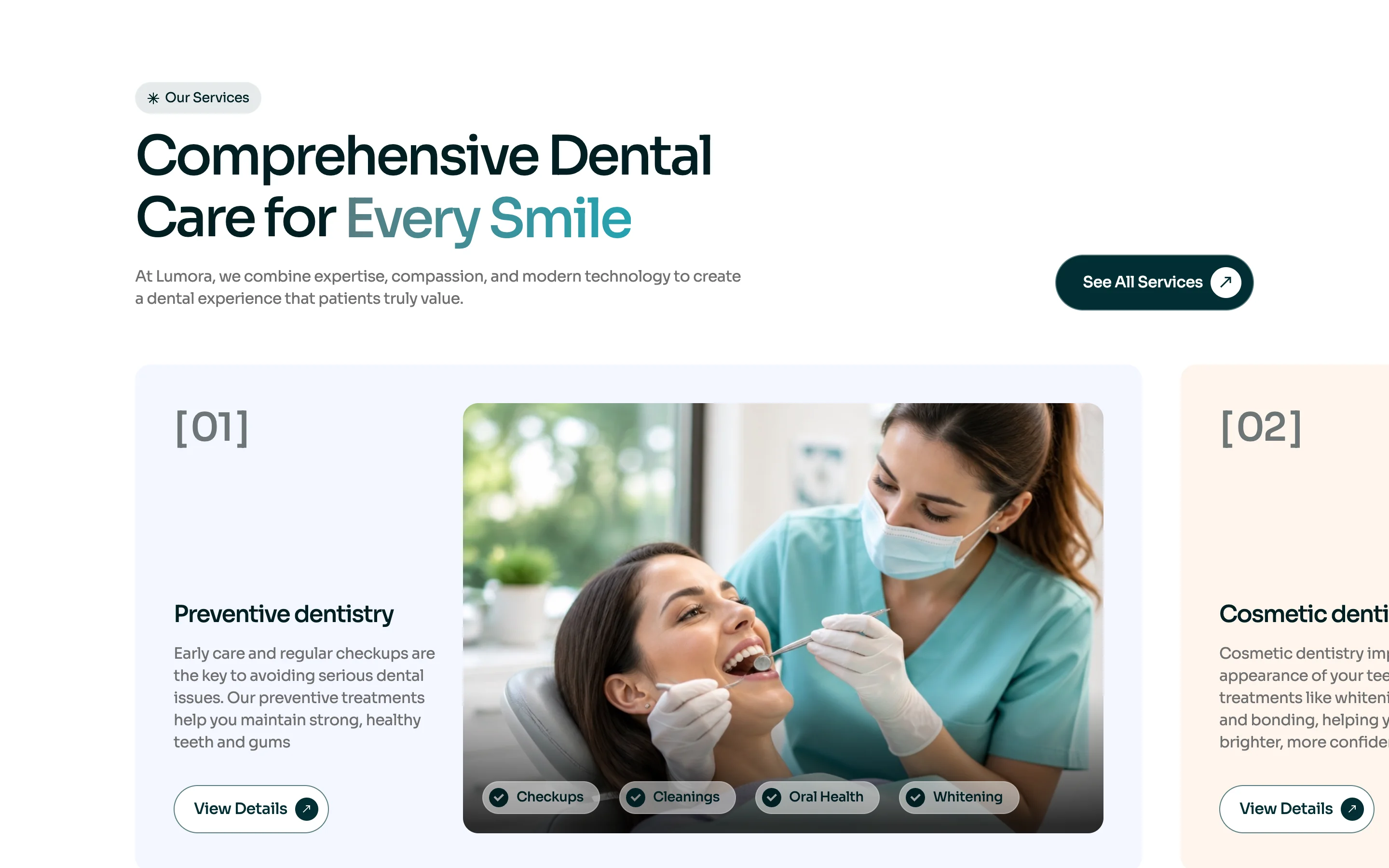 Lumora Dental: the services section, with the card numbered [01] for preventive dentistry