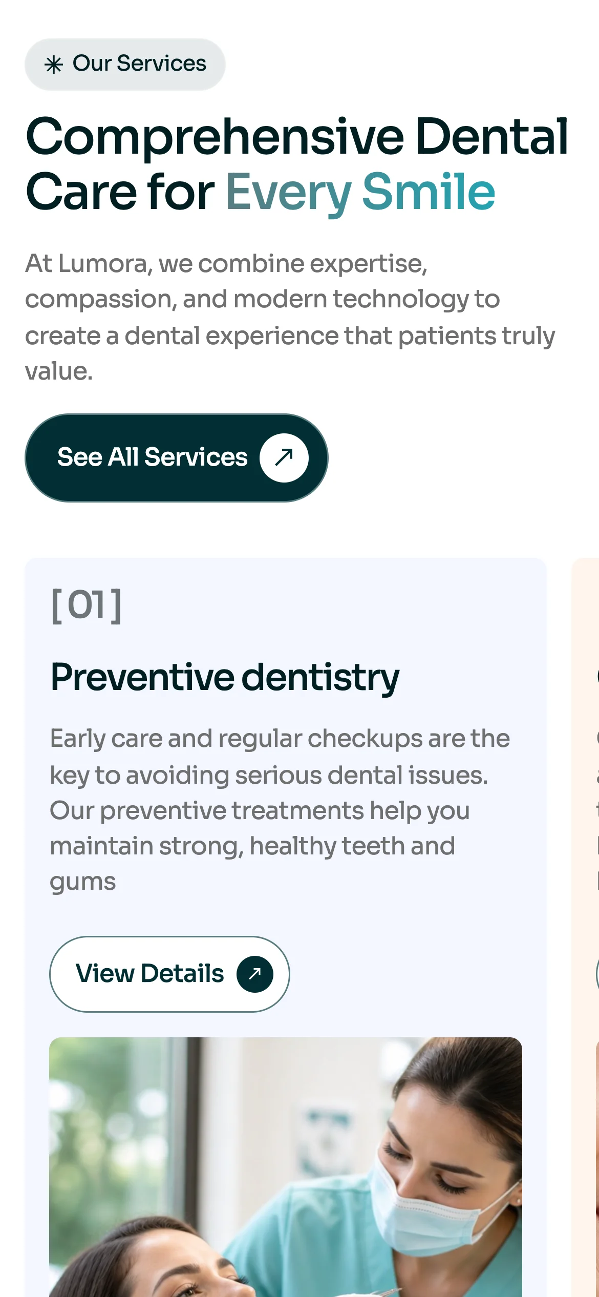 Lumora Dental on a phone: the services section, card [01]