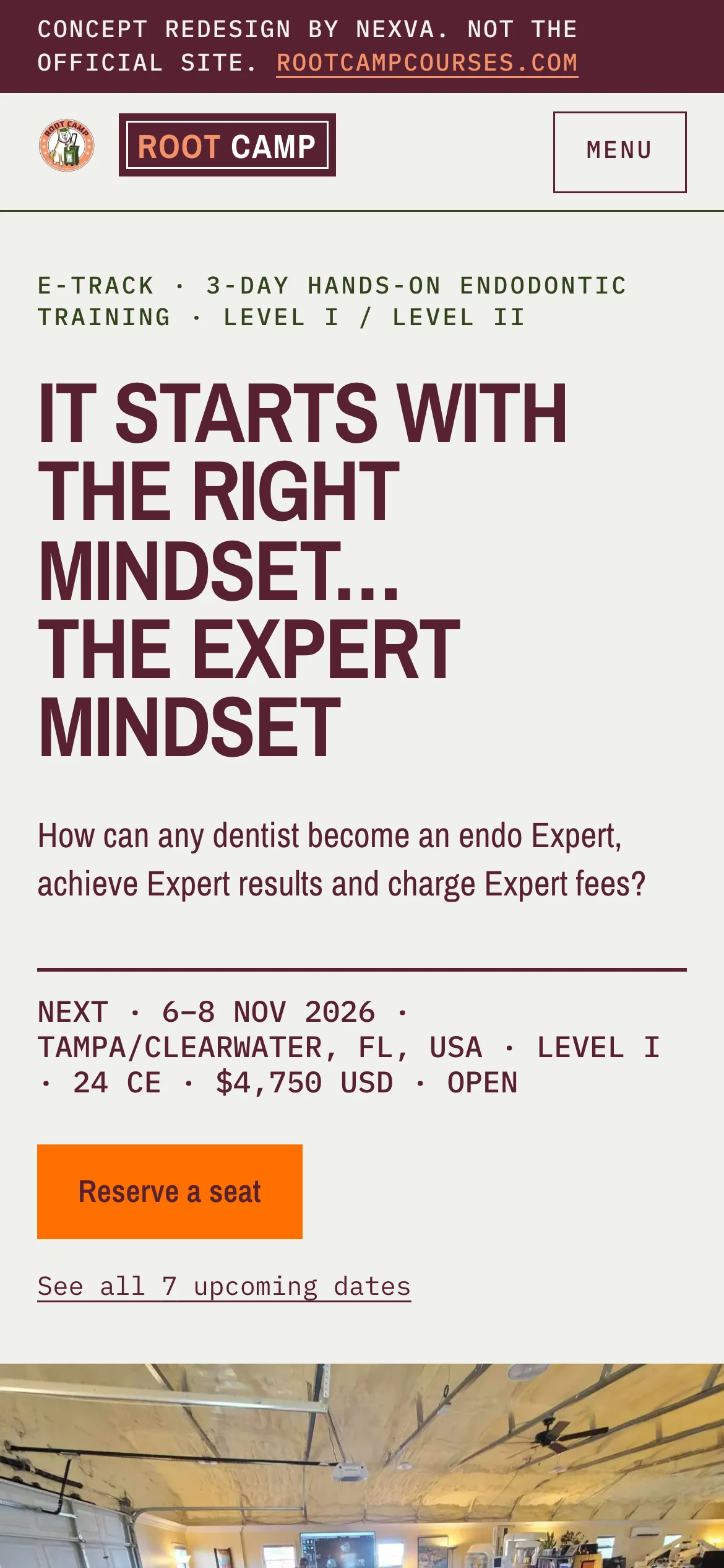 Root Camp Courses: the first screen of the site on a phone