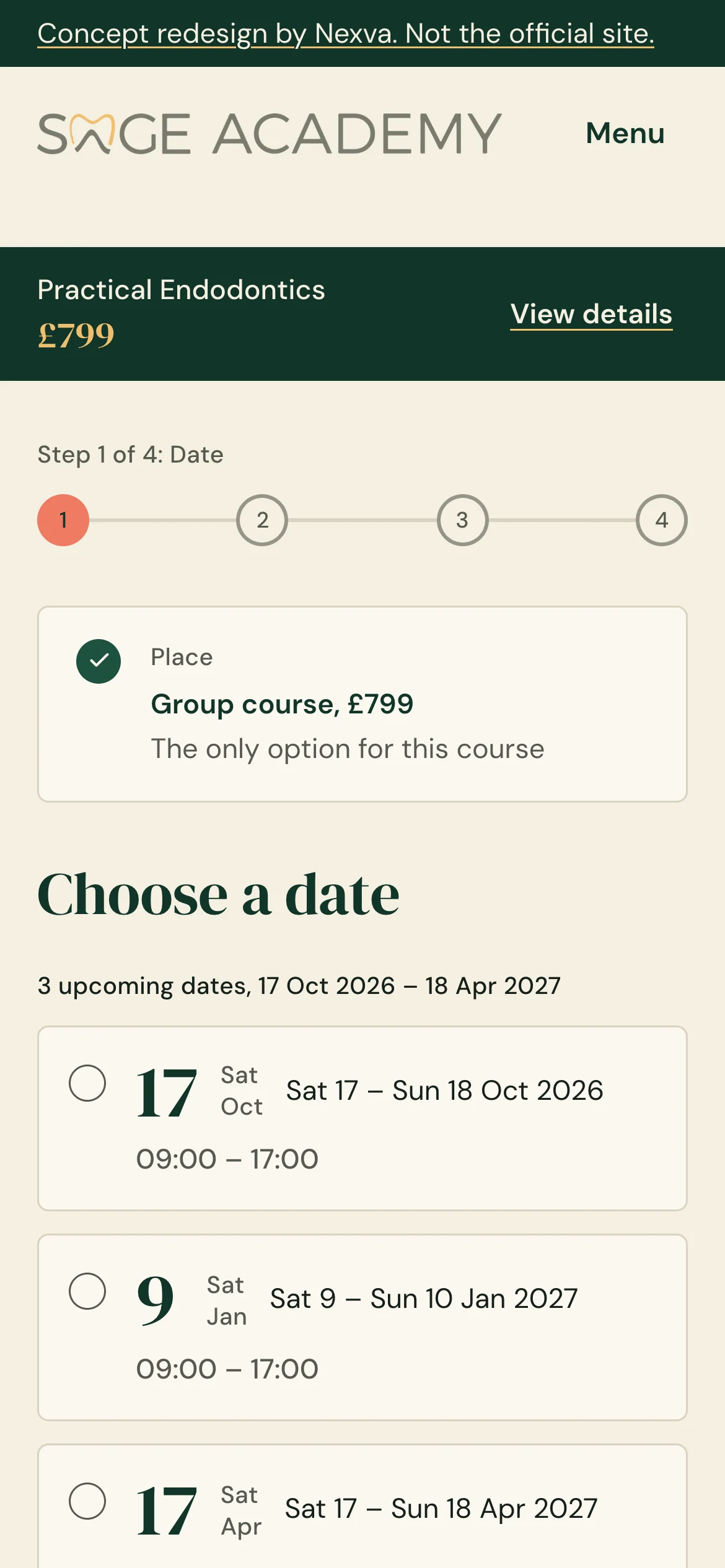 Sage Academy redesign on a phone: booking step 1 of 4, choose a date
