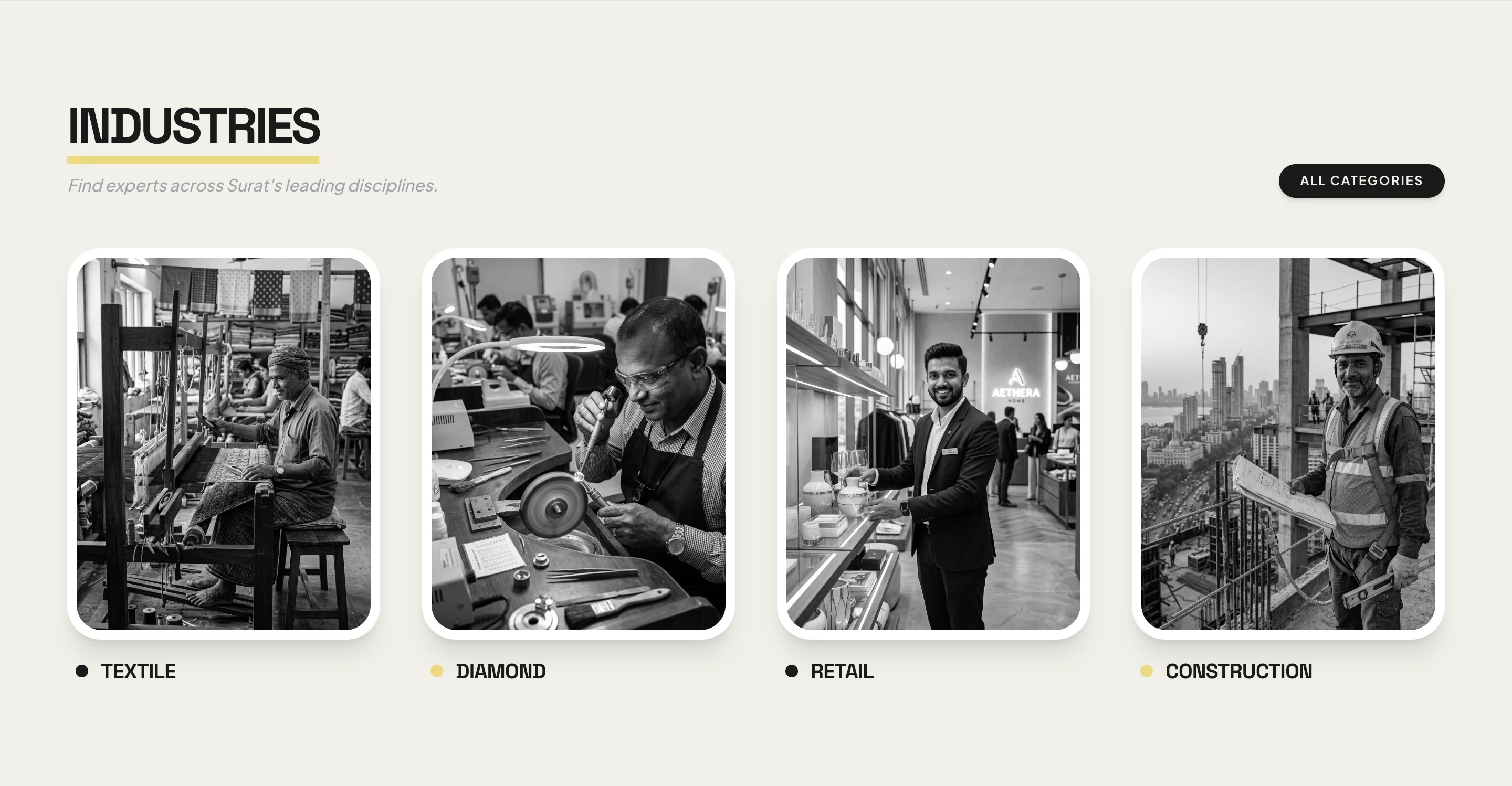 Works Setu: black-and-white industry cards for Textile, Diamond, Retail and Construction