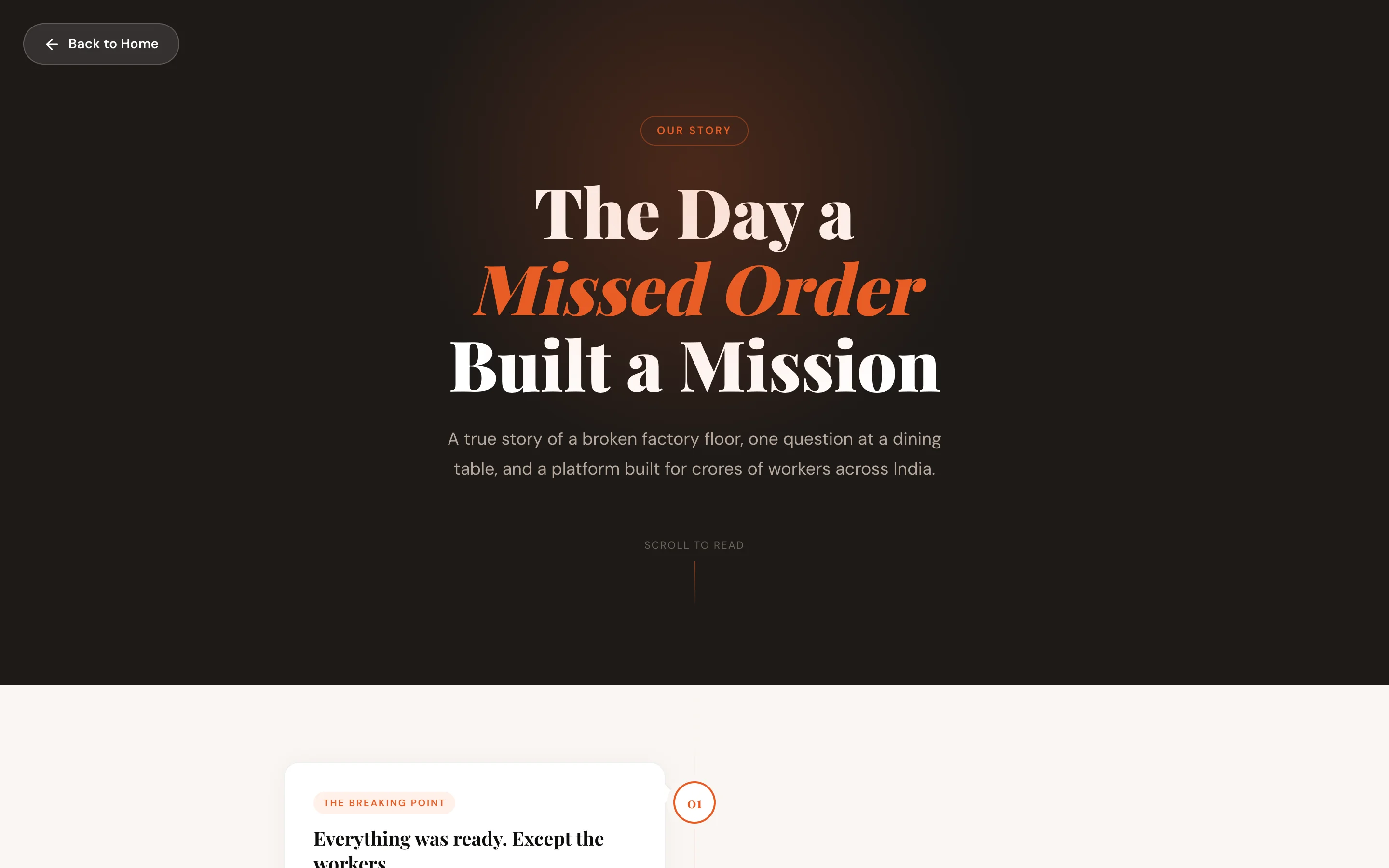 Works Setu: the Our Story page, headed The Day a Missed Order Built a Mission
