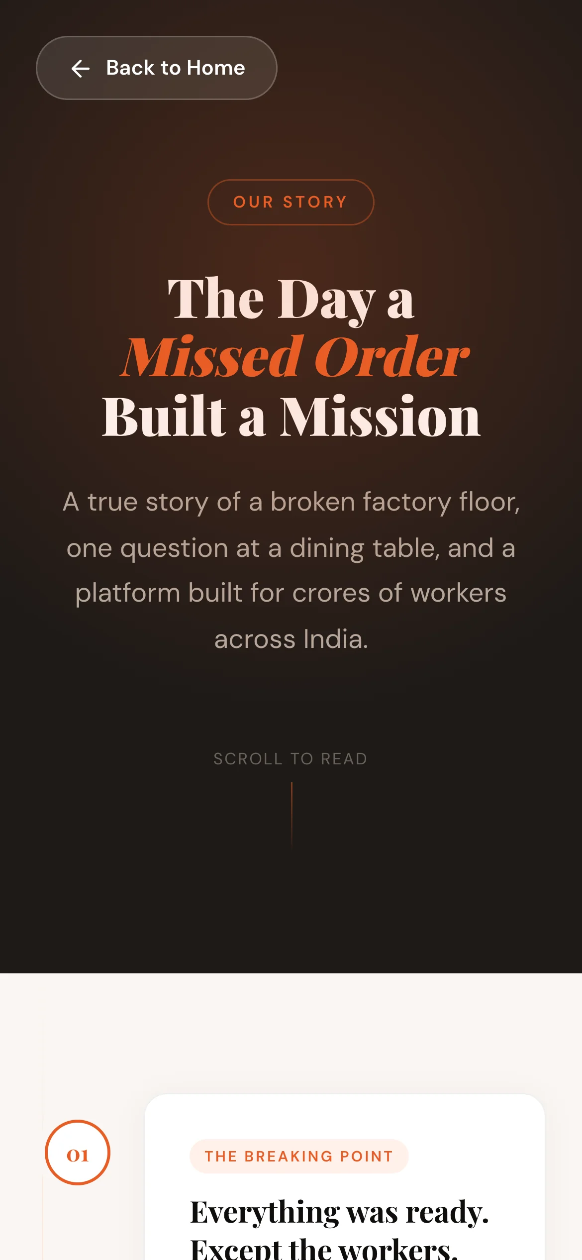 Works Setu on a phone: the Our Story page