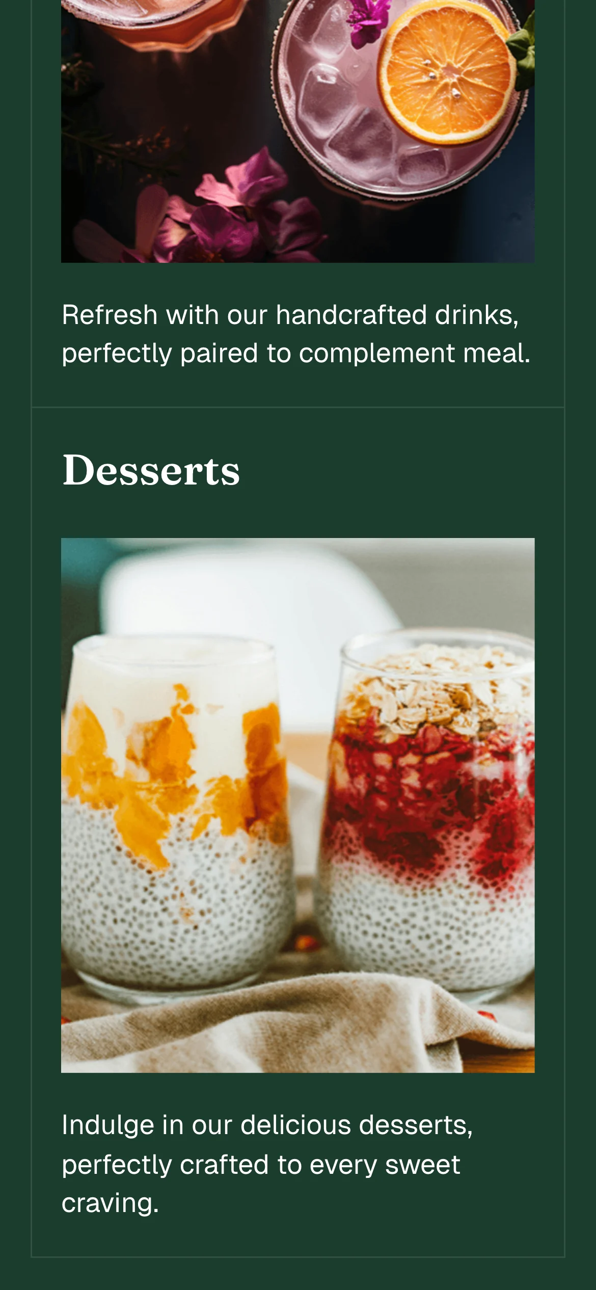 Cafe website on a phone: the Drinks and Desserts columns