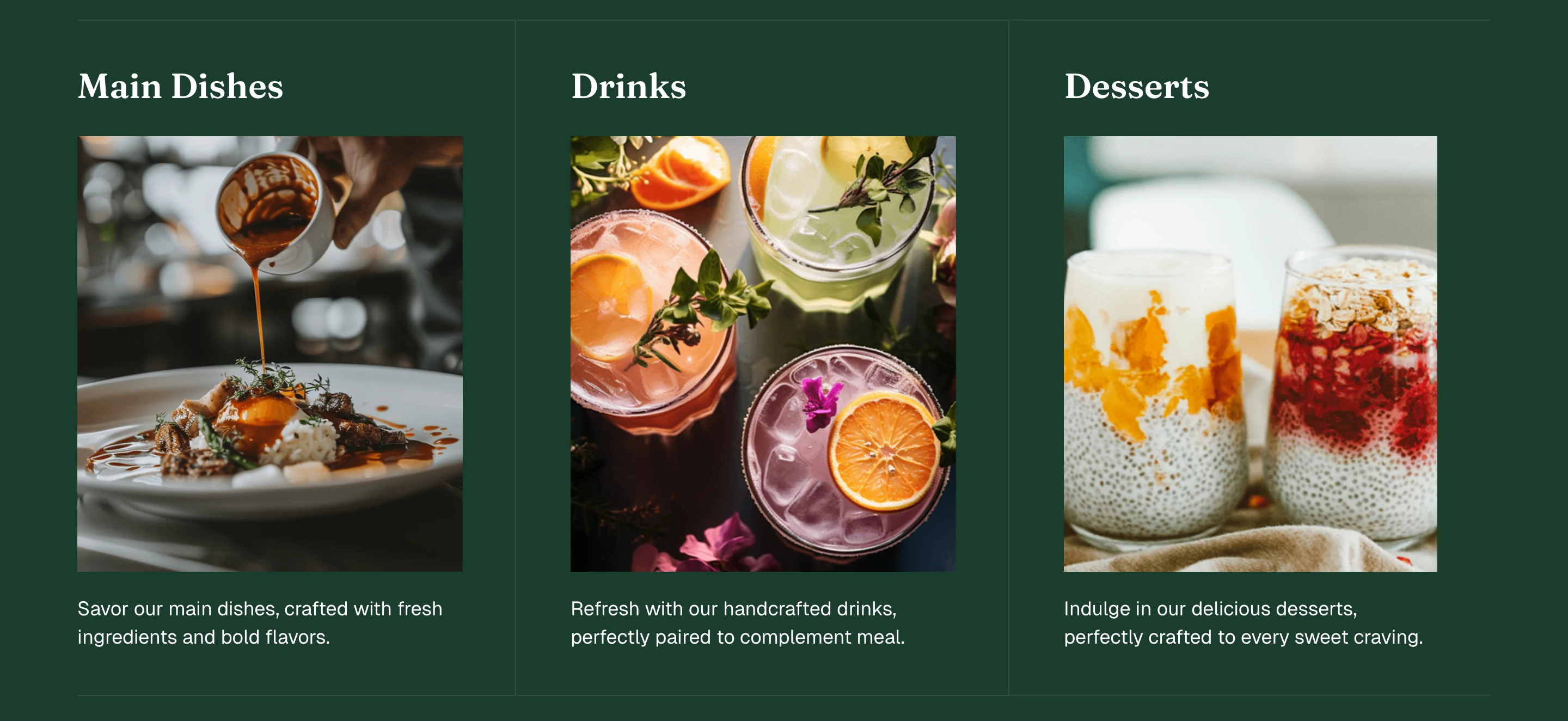 Cafe website: photo columns for Main Dishes, Drinks and Desserts on a forest-green band