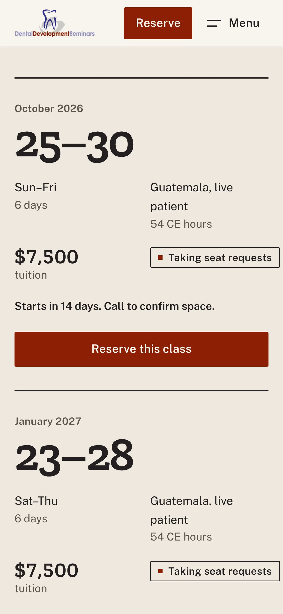 Dental Development Seminars redesign on a phone: class dates with tuition and seat requests