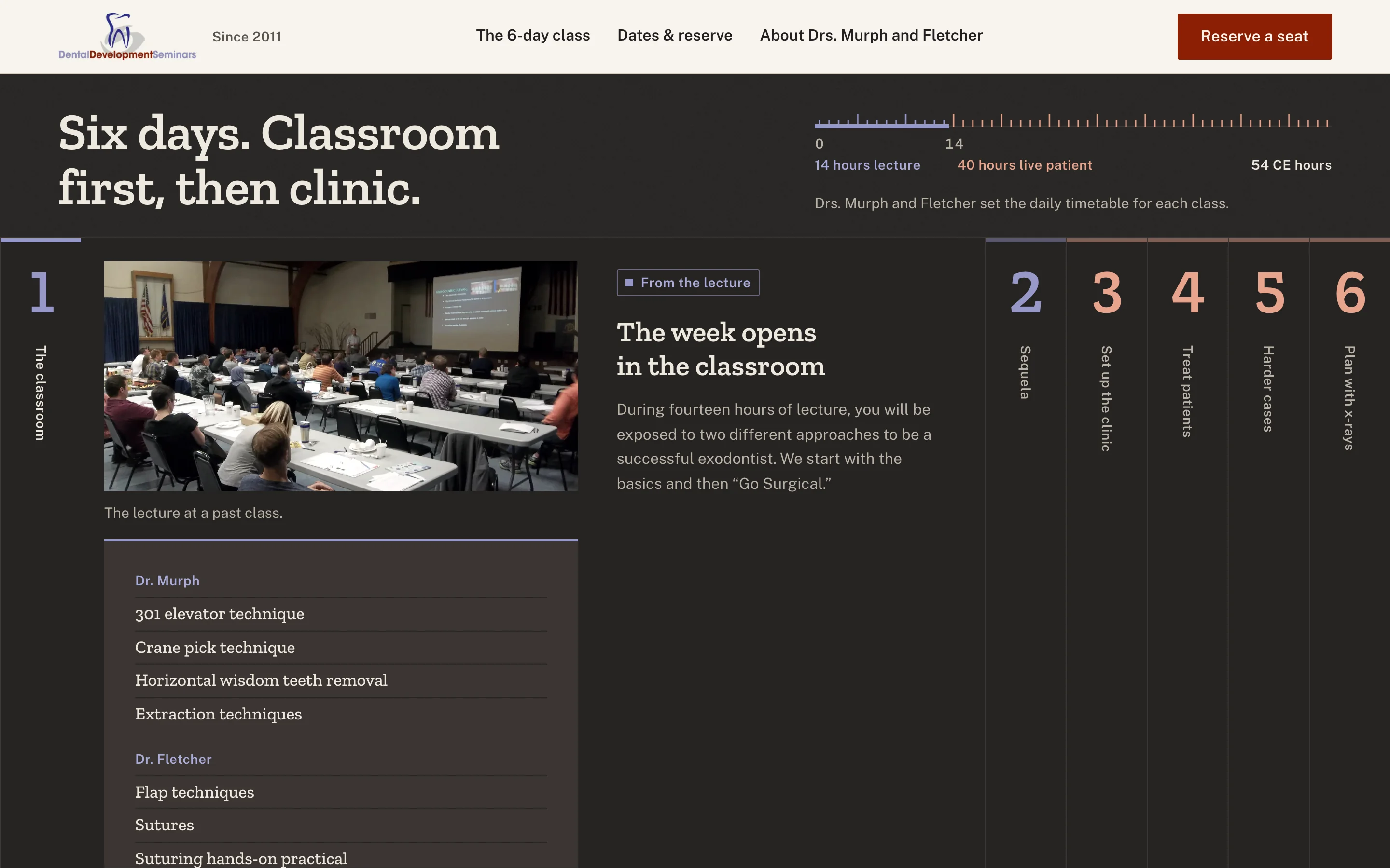 Dental Development Seminars redesign: six days, classroom first, then clinic, with the hour ruler