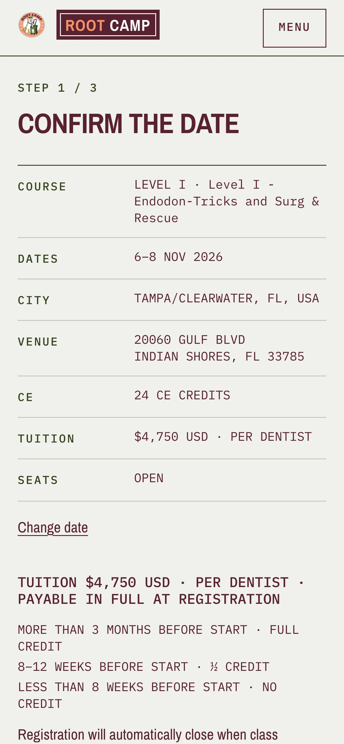 Root Camp Courses redesign on a phone: step 1 of 3, confirm the date