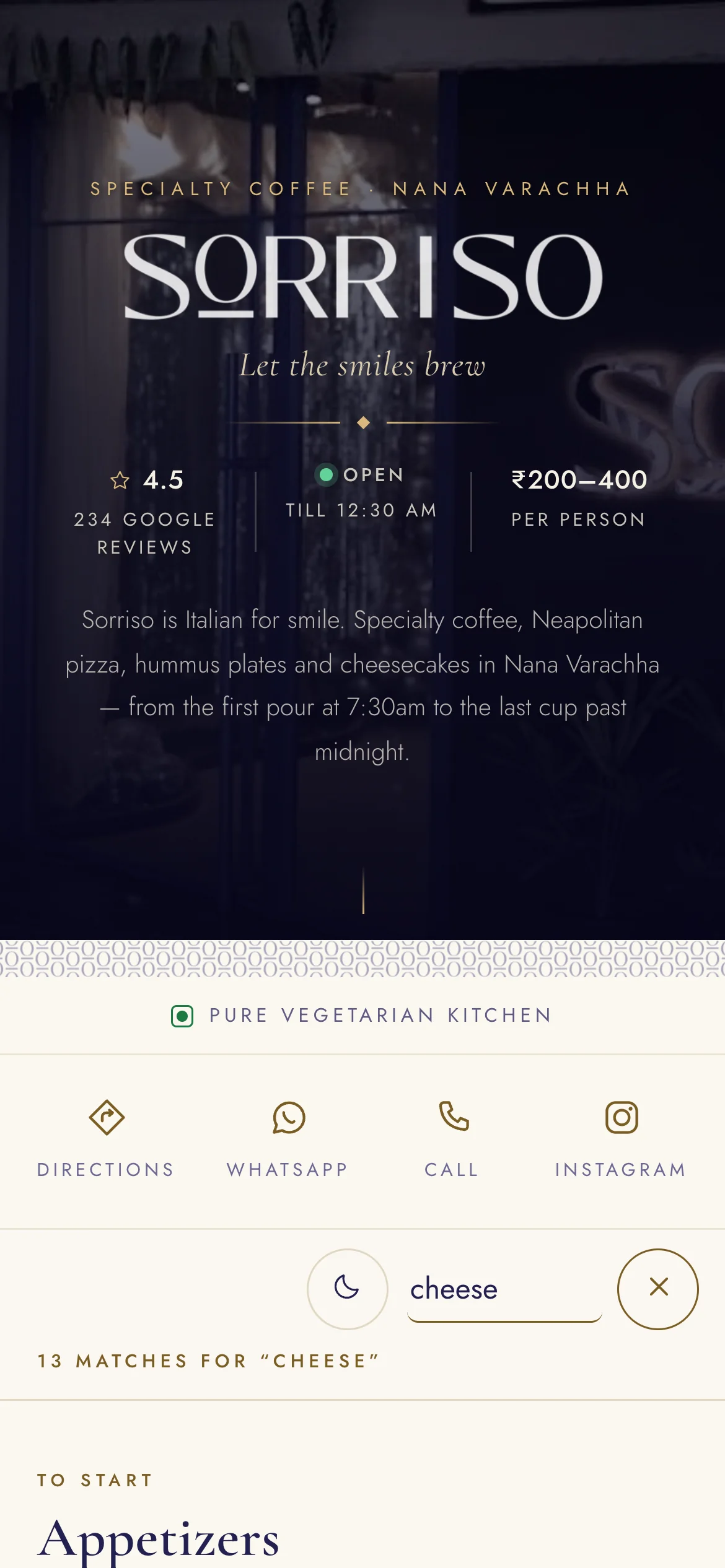 Sorriso menu on a phone: live search for cheese, 13 matches