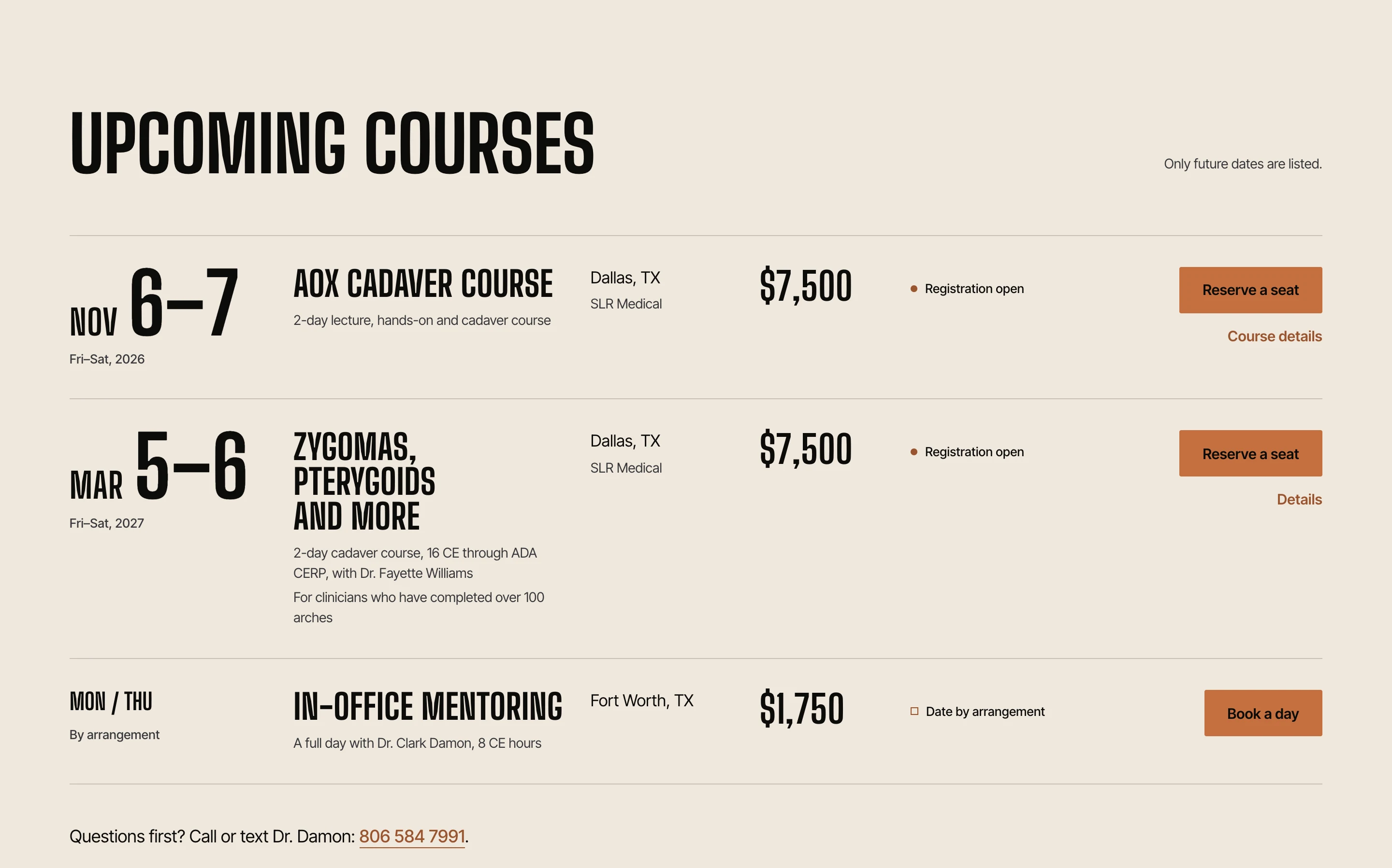 Texas Implant Institute redesign: upcoming courses with dates, tuition and Reserve buttons